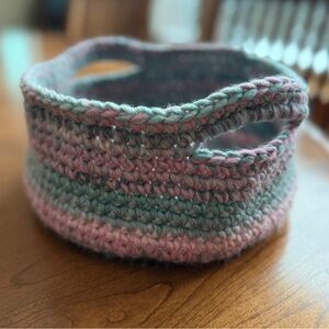 Handmade Crochet Basket With Handles. Pink, Green and Cream. Storage, Gifting.